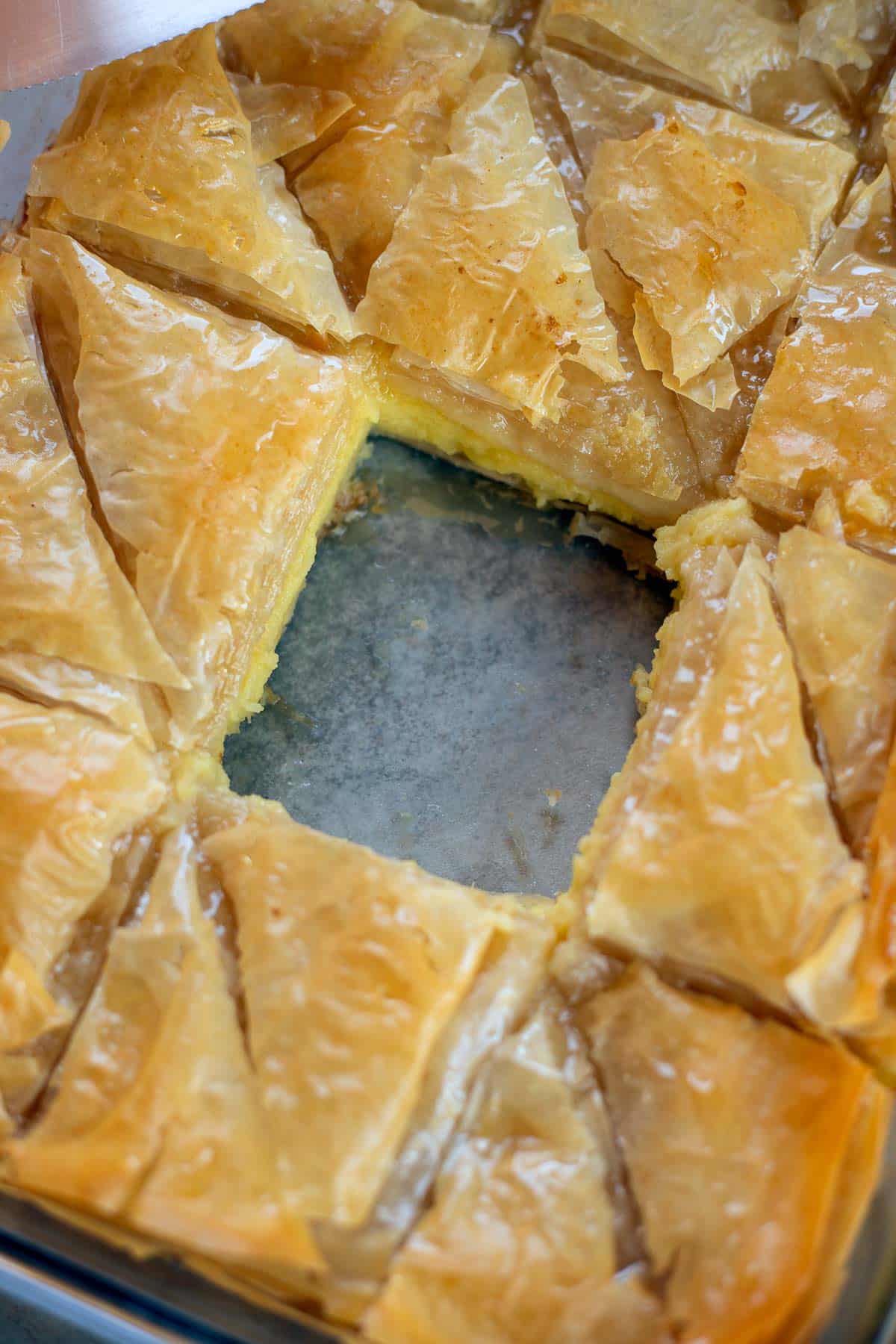 Greek Galaktoboureko with a piece missing