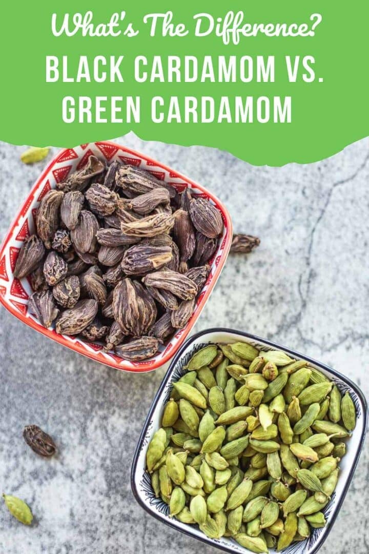 green and black cardamom pods in two different bowls