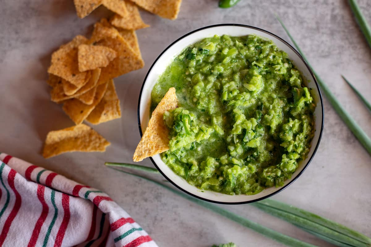 green tomato salsa verde and chips