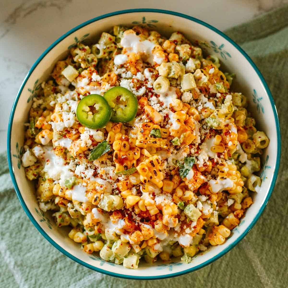 mexican street corn pasta salad in a bowl