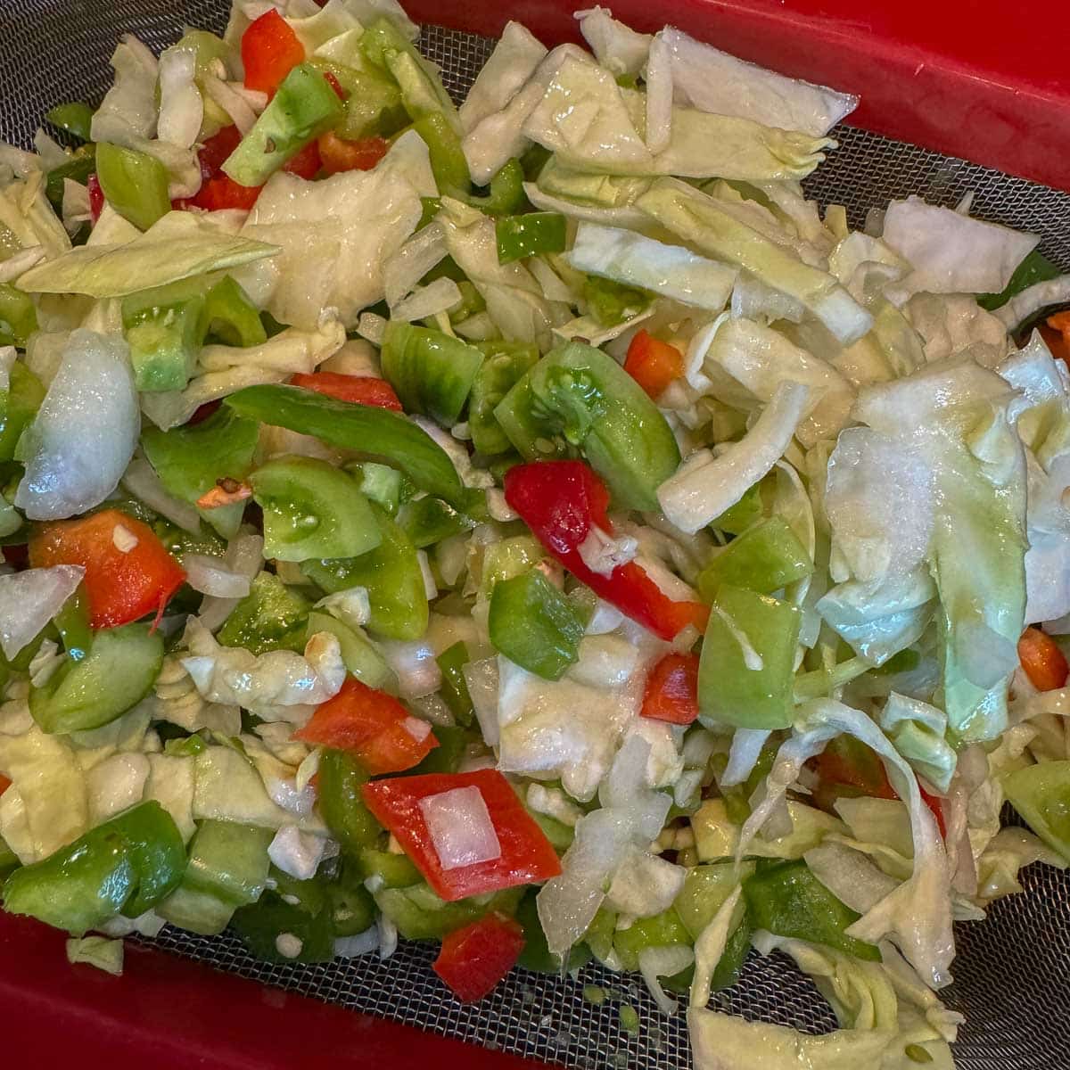 chopped veggies in a strainer