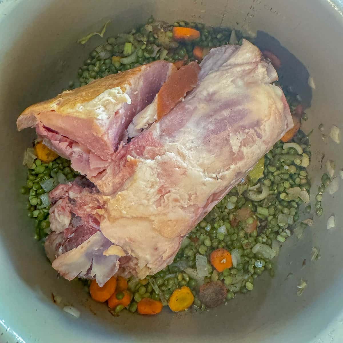 ham bone added to veggies to make instant pot split pea soup