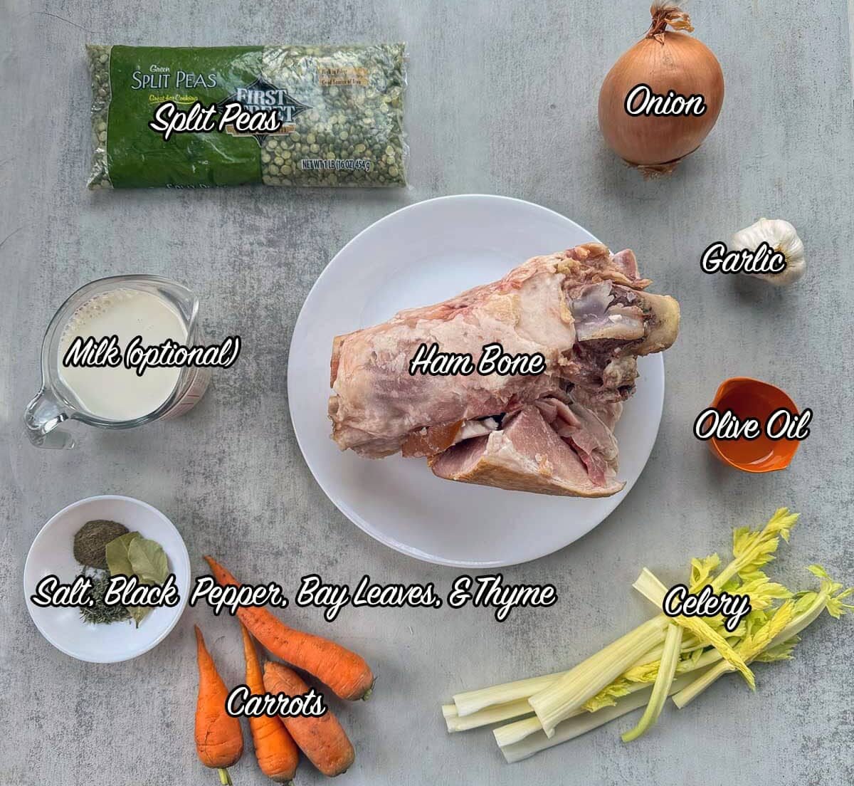 split pea soup ingredients including ham, split peas, onion, garlic, milk, and spices.