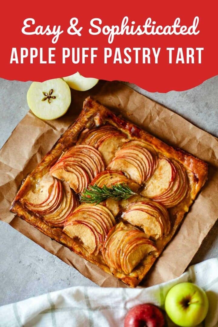 apple puff tart on brown paper beside apples.