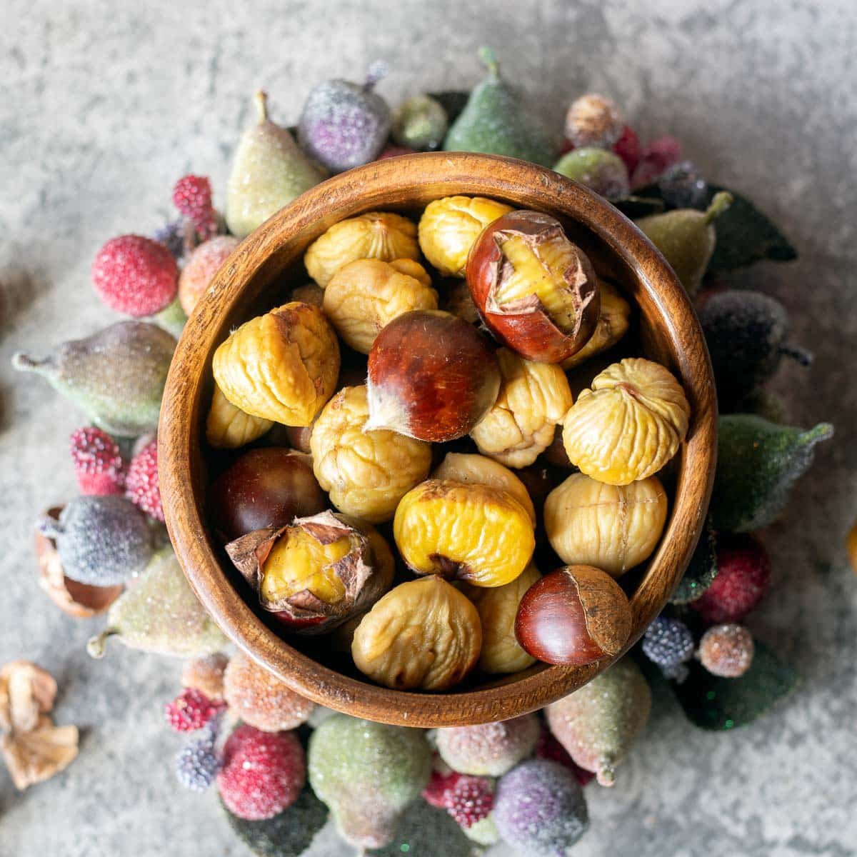 roasted chestnuts in a wooden bowl.