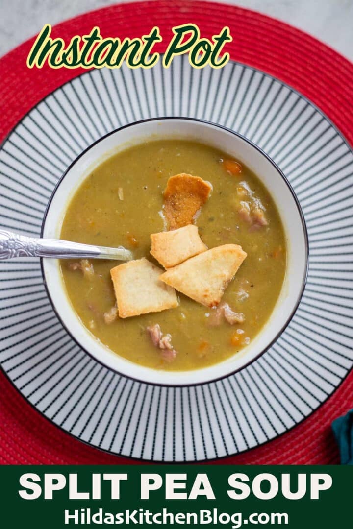 Instant pot split pea soup in a bowl topped with pita chips