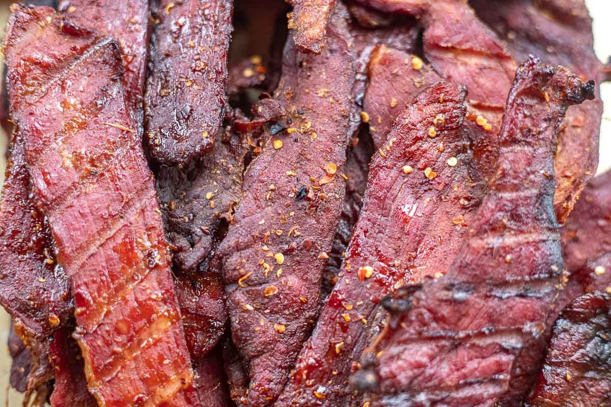 smoked beef jerky slices.