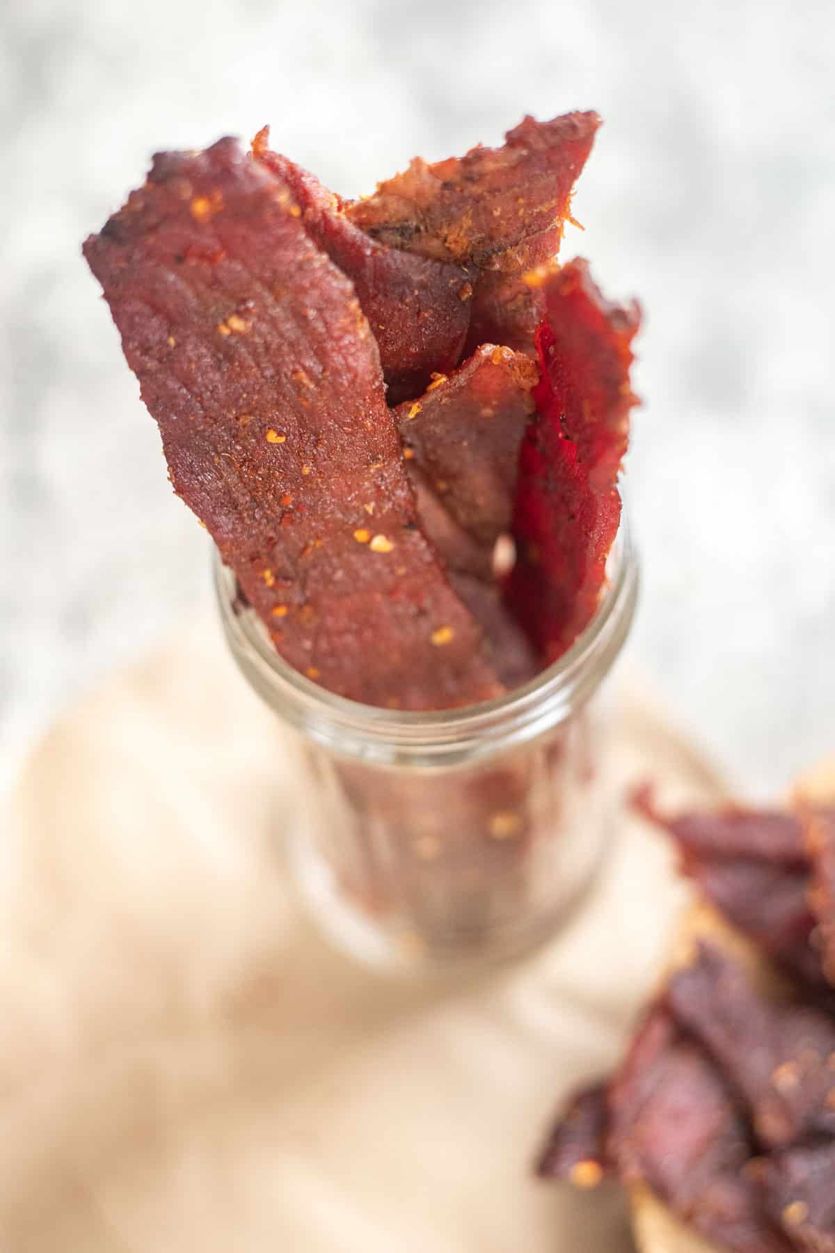 smoked beef jerky in a jar.