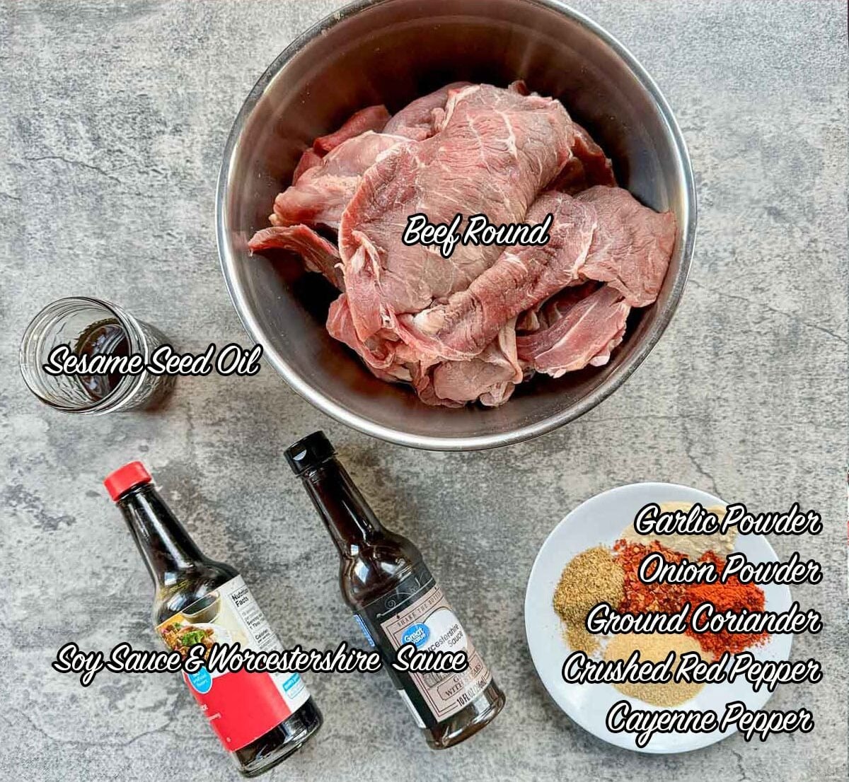 smoked beef jerky ingredients including beef, spices, and soy sauce.