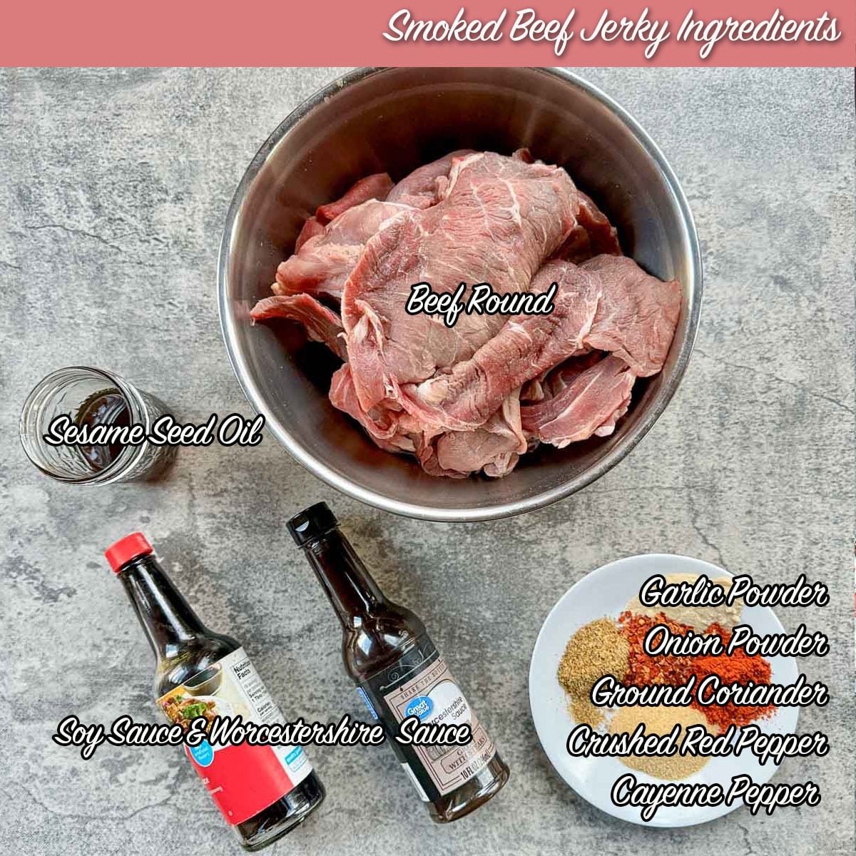 smoked beef jerky ingredients including beef, spices, and soy sauce.