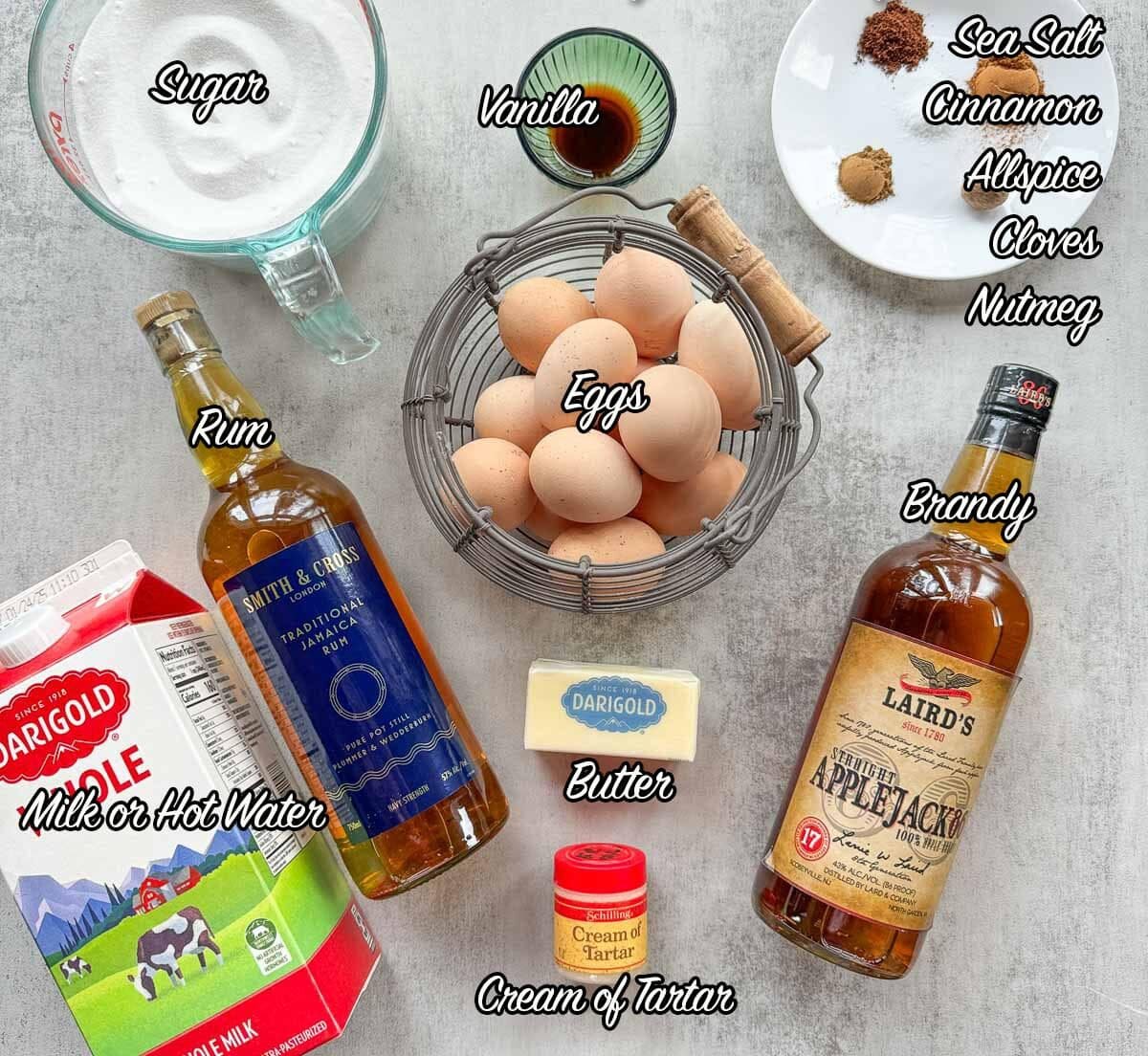 Tom & Jerry Ingredients including eggs, milk, alcohol, butter, and spices.