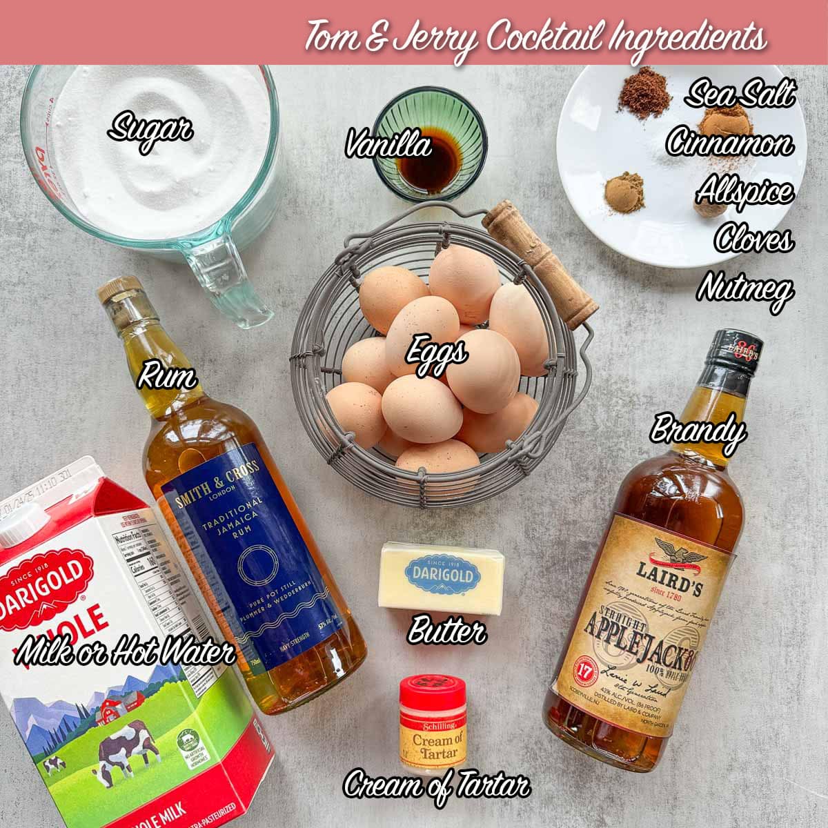 Tom & Jerry Ingredients including eggs, milk, alcohol, butter, and spices.