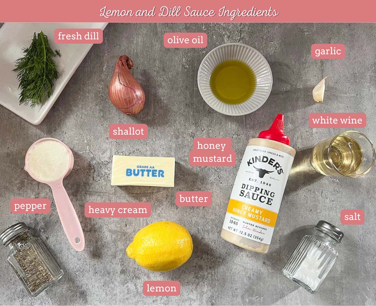 lemon dill sauce ingredients such as oil, veggies, seasonings, mustard.