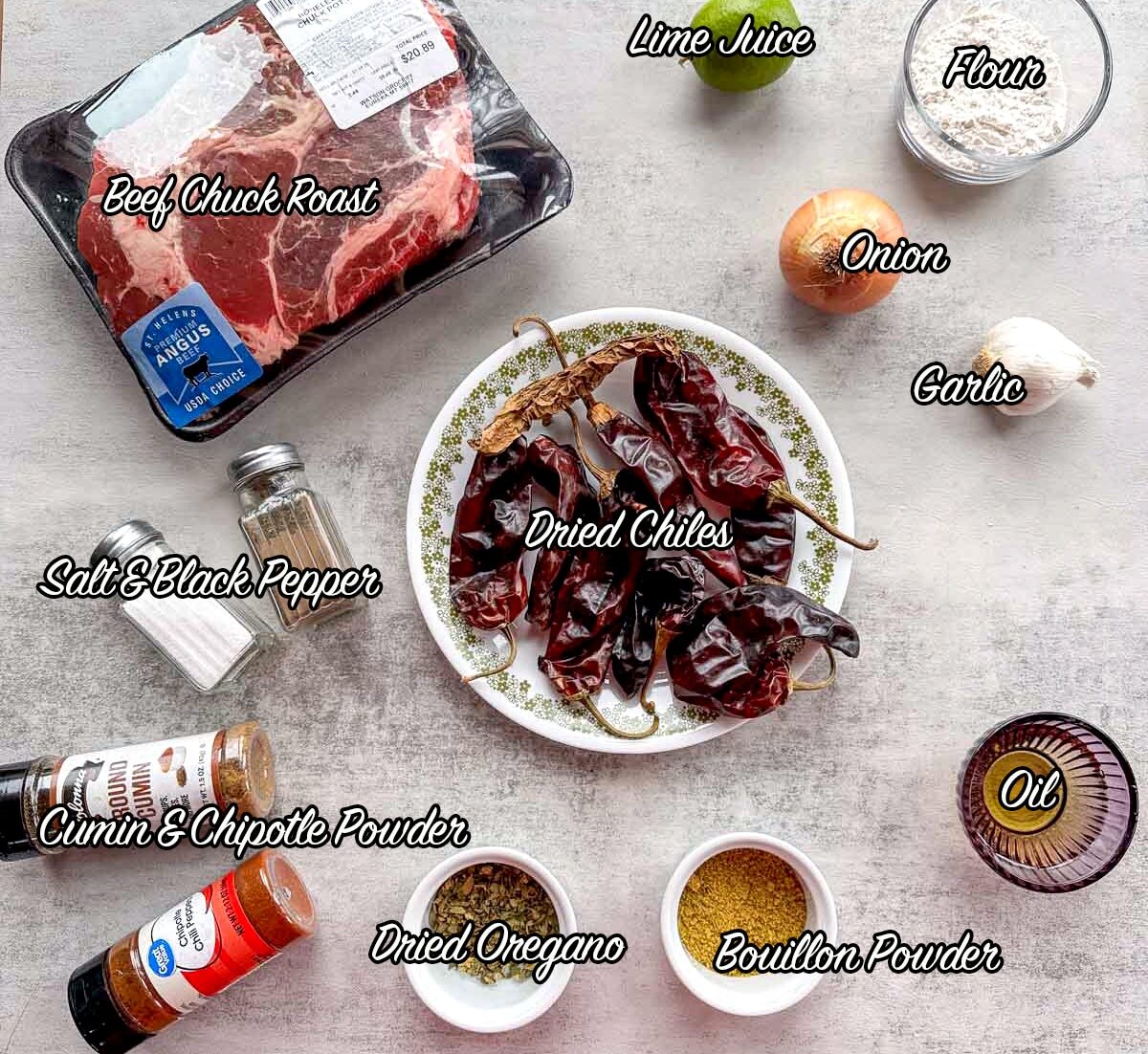 chile colorado ingredients including meat, chile peppers, onion, garlic, and spices.