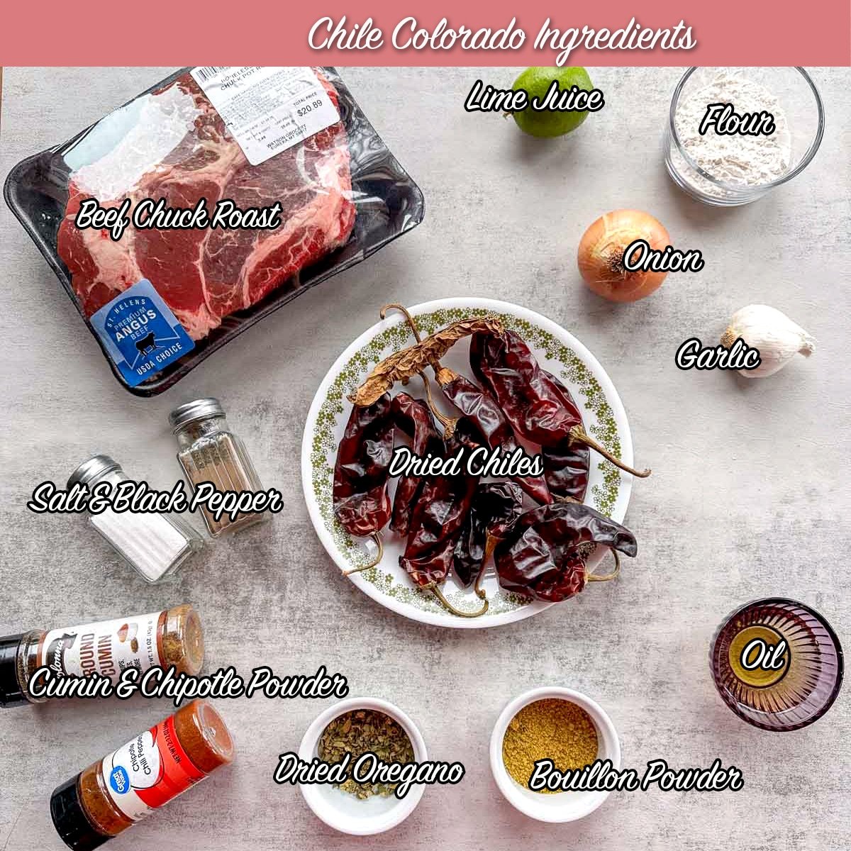 chile colorado ingredients including meat, chile peppers, onion, garlic, and spices.