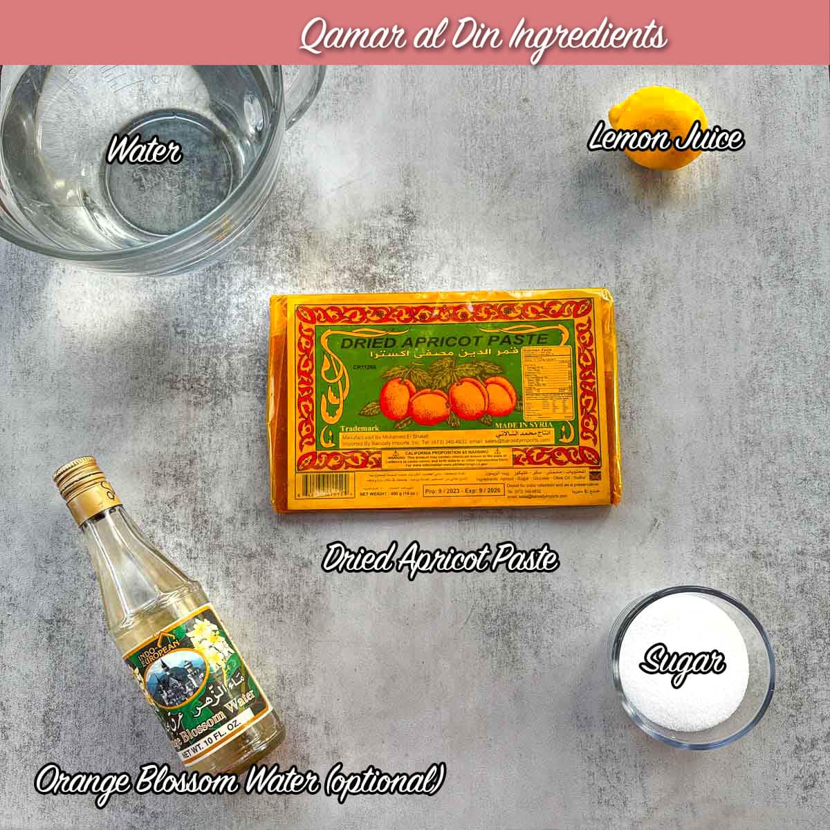 qamar al din ingredients including apricot paste, water, sugar, and lemon. 