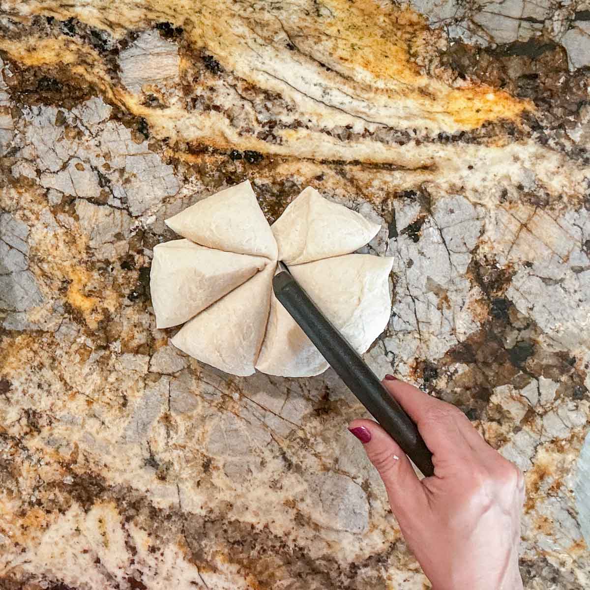 flour tortilla dough being sliced into 6 portions.