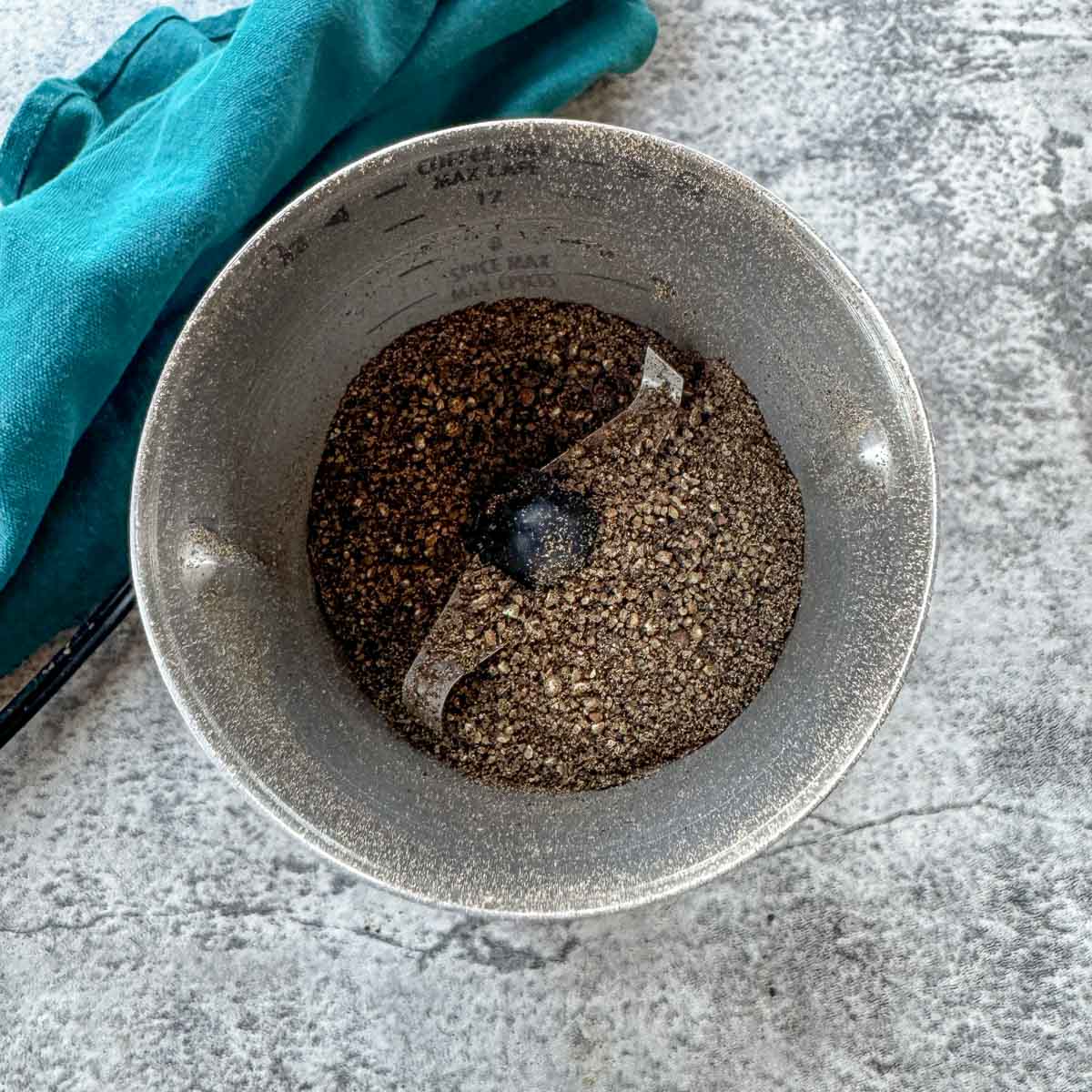 ground peppercorn in a coffee grinder.