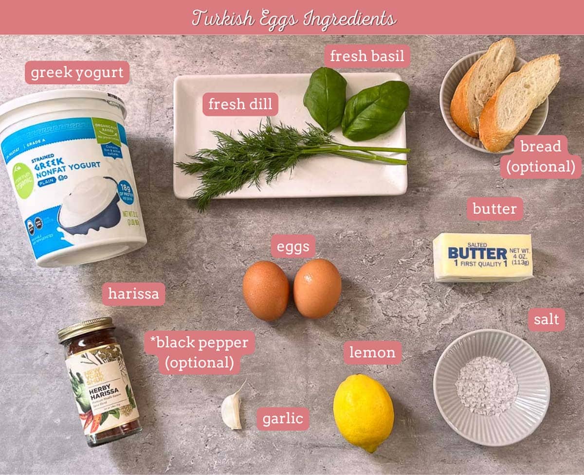 Turkish eggs (cilbir) ingredients - eggs, herbs, yogurt, butter, lemon,garlic, seasonings, etc.