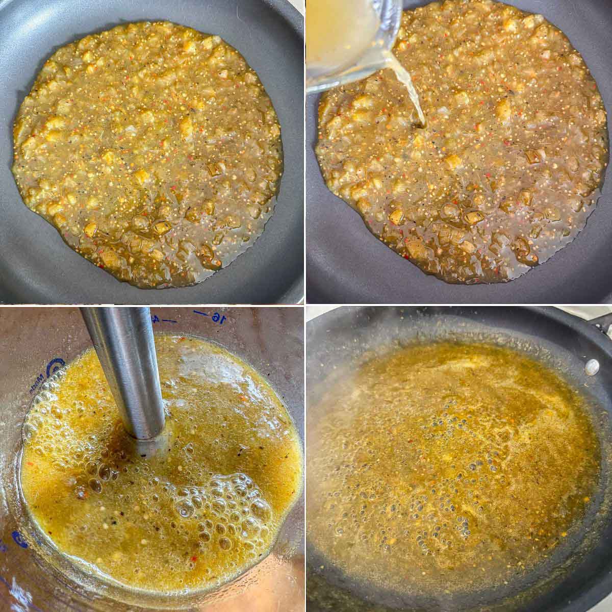 preparing salsa for chilaquiles verdes by adding broth and blending with immersion blender. 