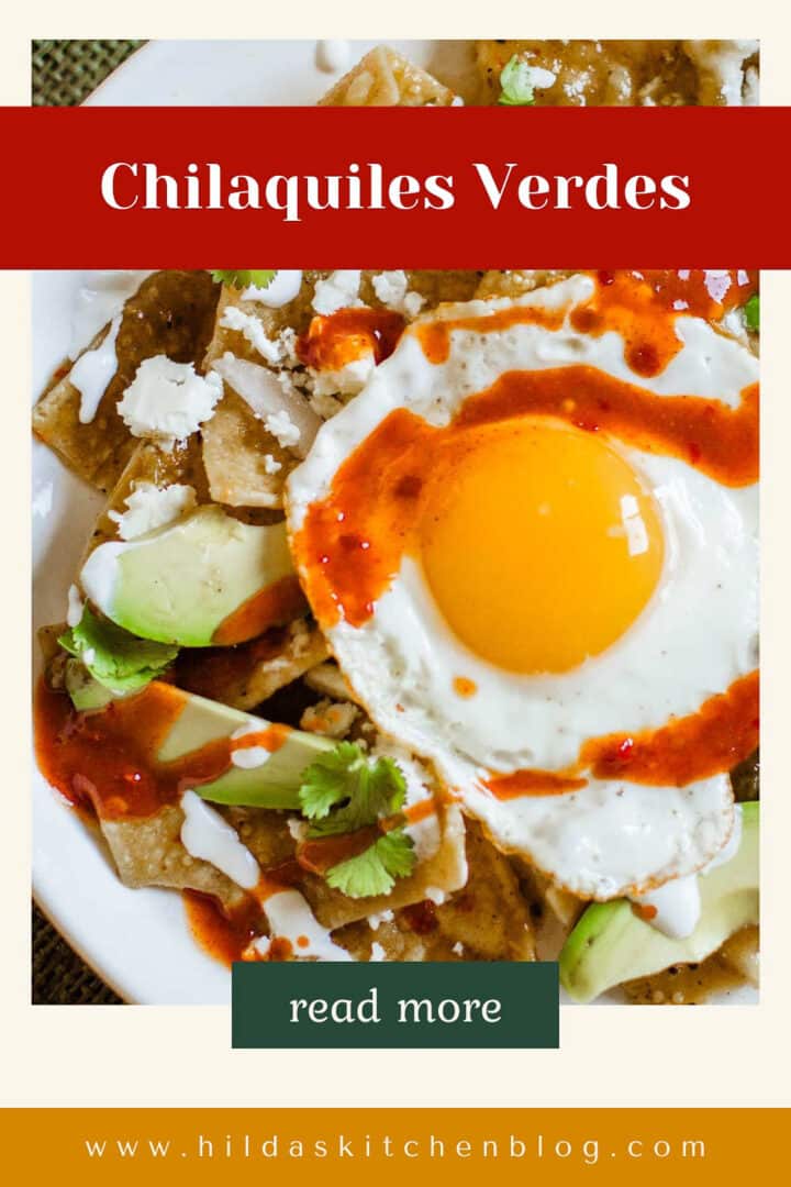 chilaquiles verde topped with egg, pin.