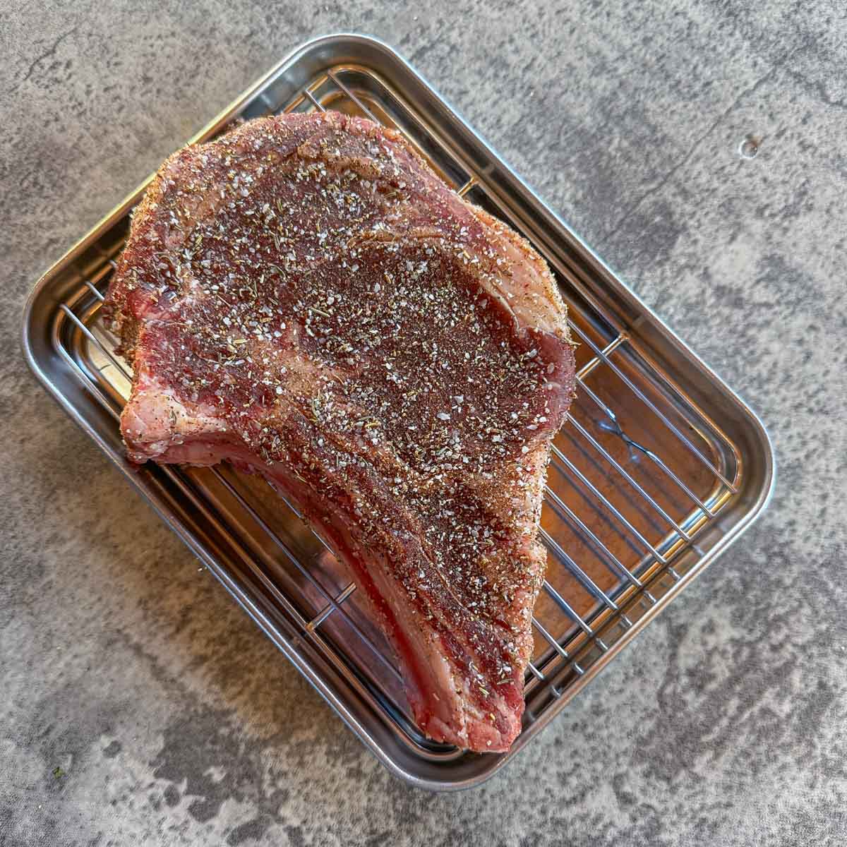 seasoned raw ribeye steak on a small tray with a rack.