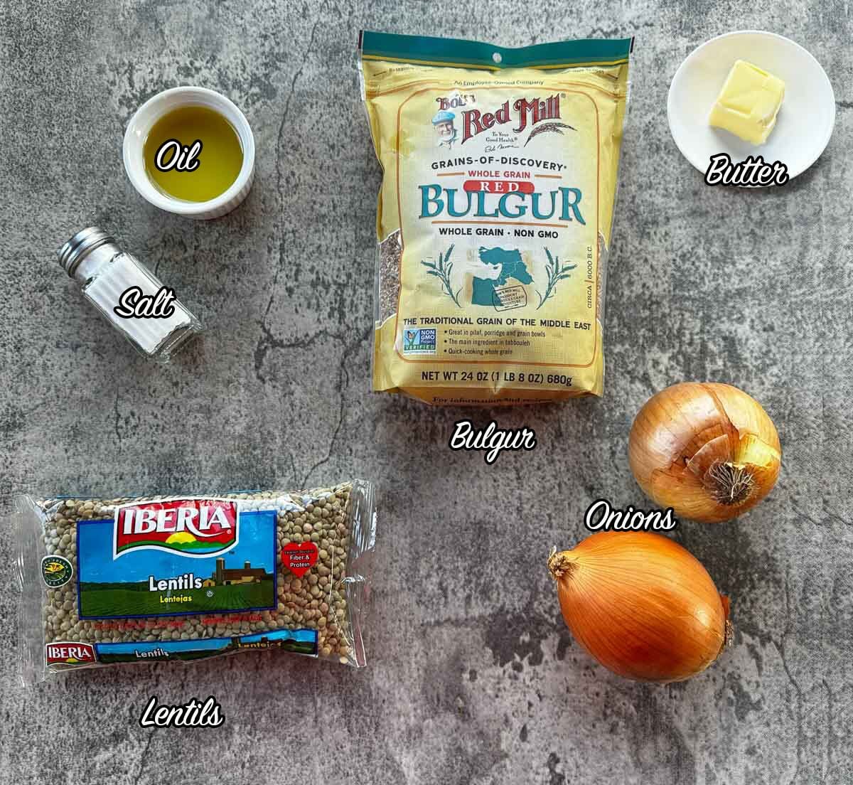 mujadara ingredients including bulger, onions, lentil, oil, butter, and salt.