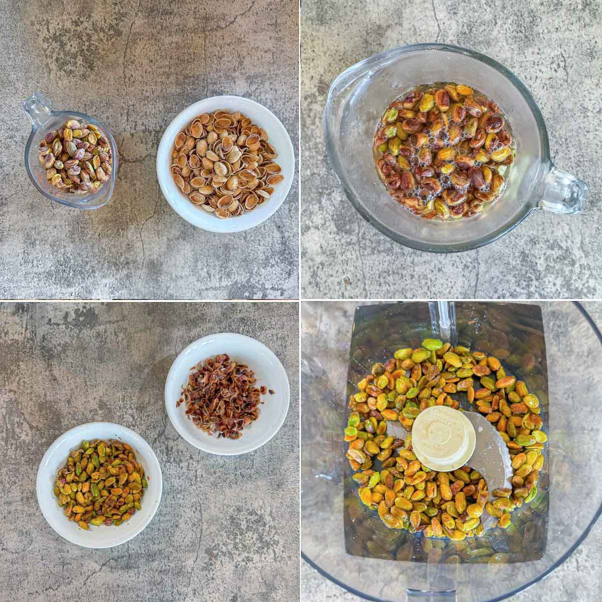 pistachios shelled, covered in water, peeled, and added to food processor. 