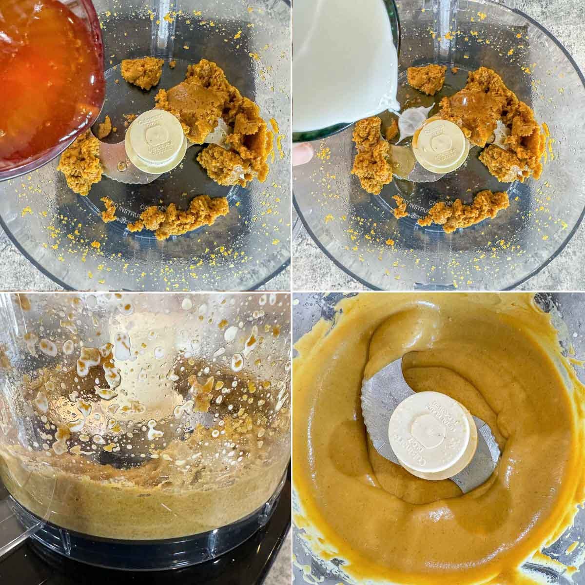 collage of pistachio cream being made, from crumbly to smooth.