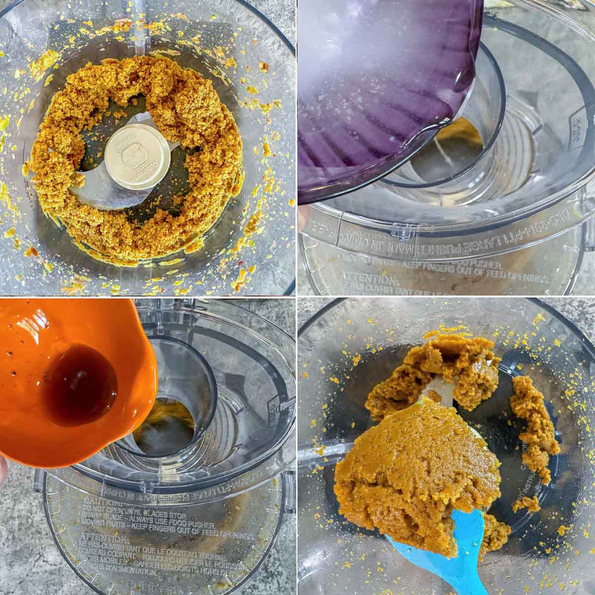 collage of pistachio butter being made by blending, and adding oil and vanilla.