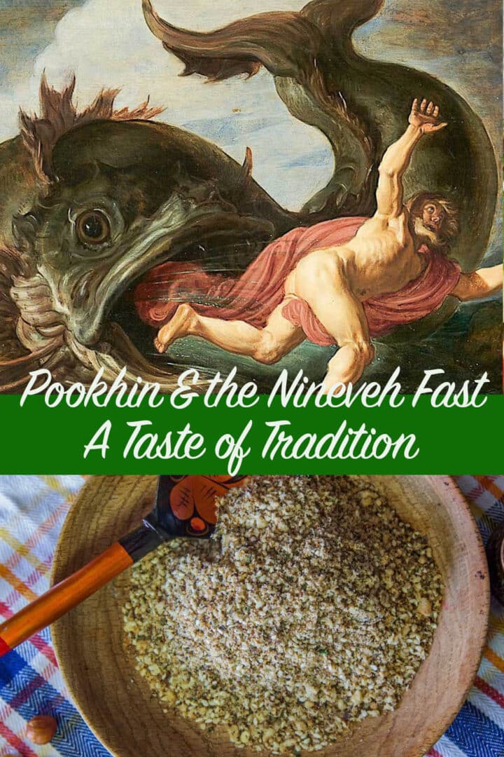 a picture of jonah and the whale and a bowl of ground up nuts and seeds.