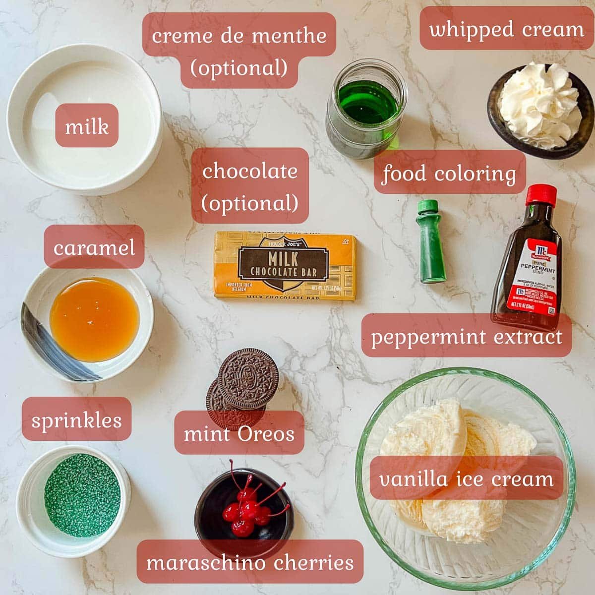 homemade shamrock shake recipe ingredients (ice cream, cherries, sprinkles, etc.)