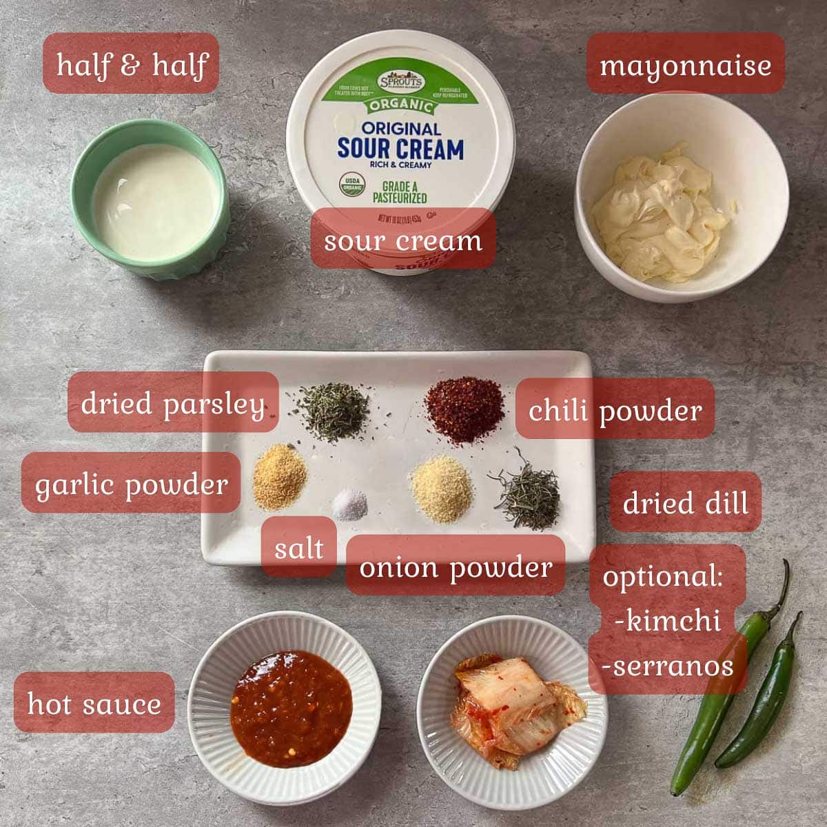 spicy ranch sauce recipe ingredients (dairy, spices, etc.)