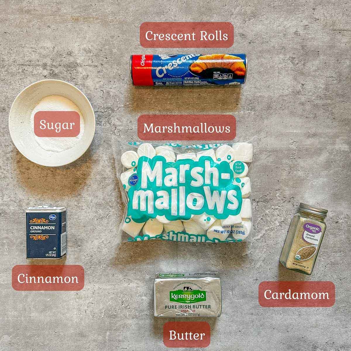 Resurrection rolls ingredients including marshmallows crescent rolls, sugar, and spices. 
