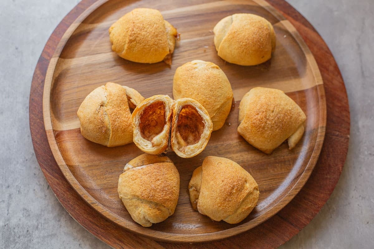 Resurrection rolls on a wooden platter.