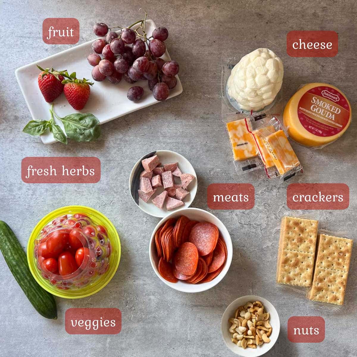 charcuterie cup ingredients (cheese, fruit, meat, etc.)