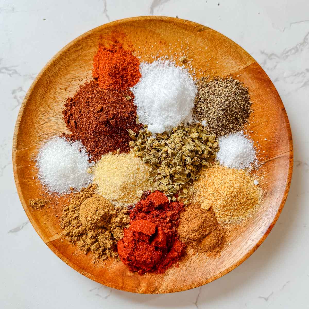 all spices on plate before mixing.