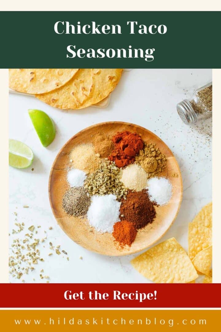 homemade taco seasoning recipe ingredients on plate before mixing, surrounded by tortillas, lime, spices.
