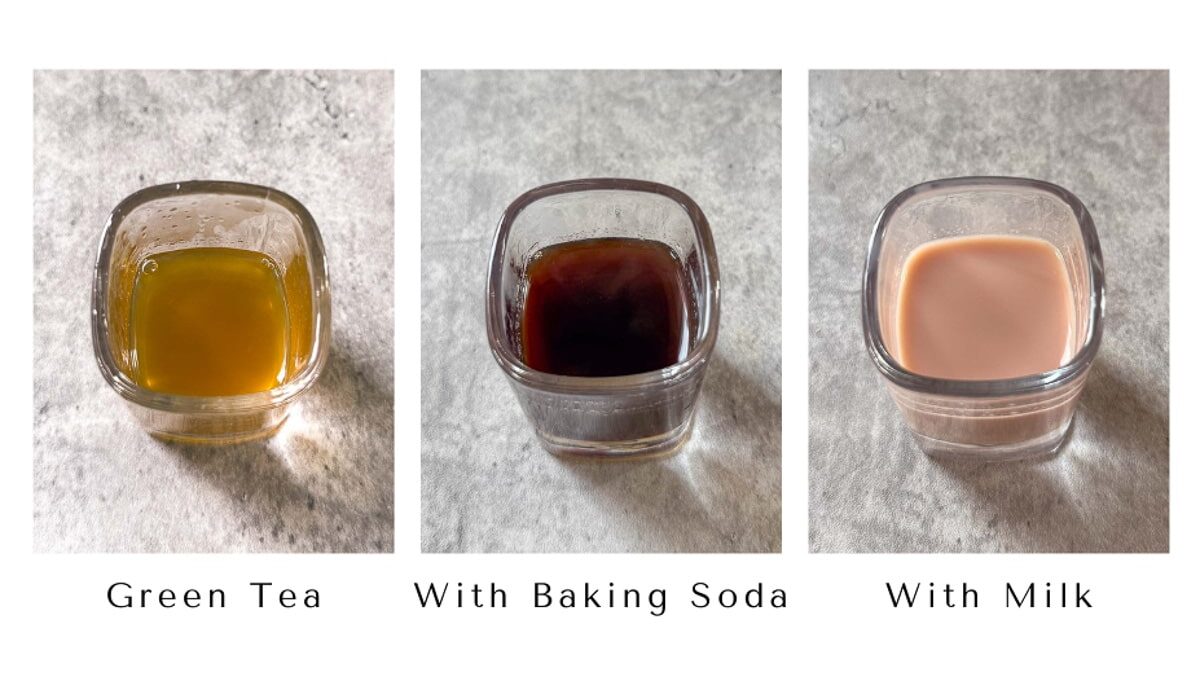 three shot glasses depicting green tea by itself, with baking soda, and with milk.