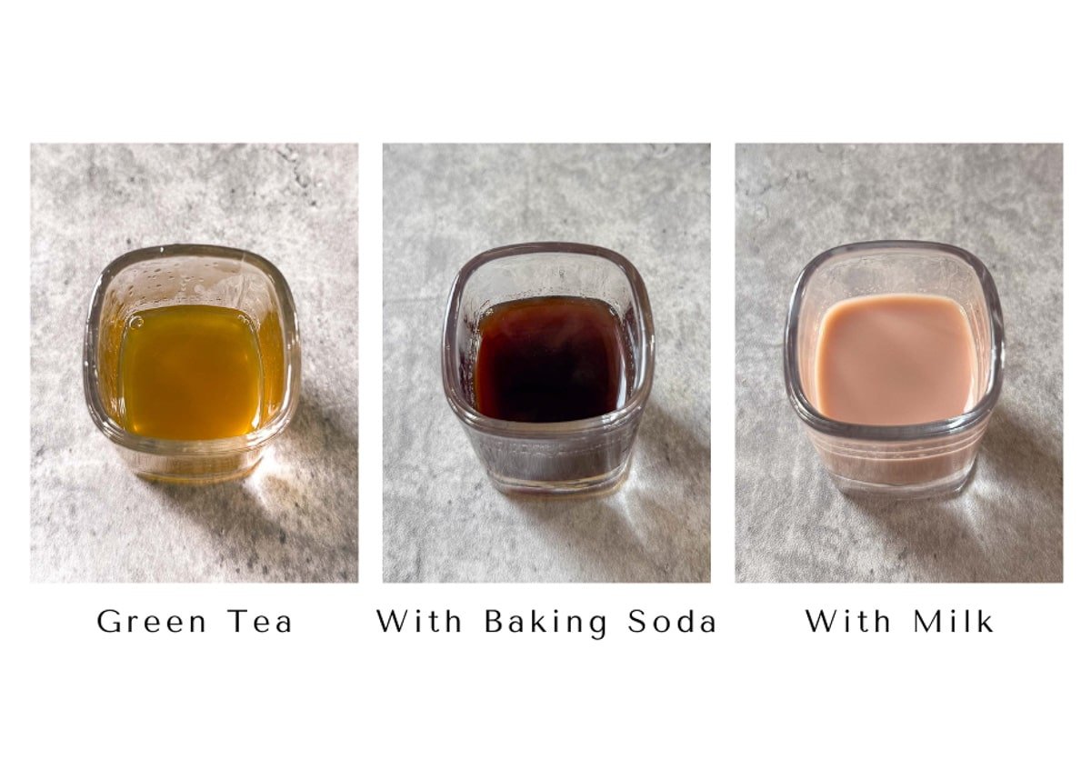 three shot glasses depicting green tea by itself, with baking soda, and with milk.