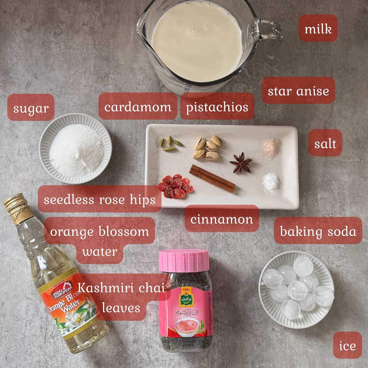 Kashmiri pink tea ingredients (tea leaves, spices, milk, etc).