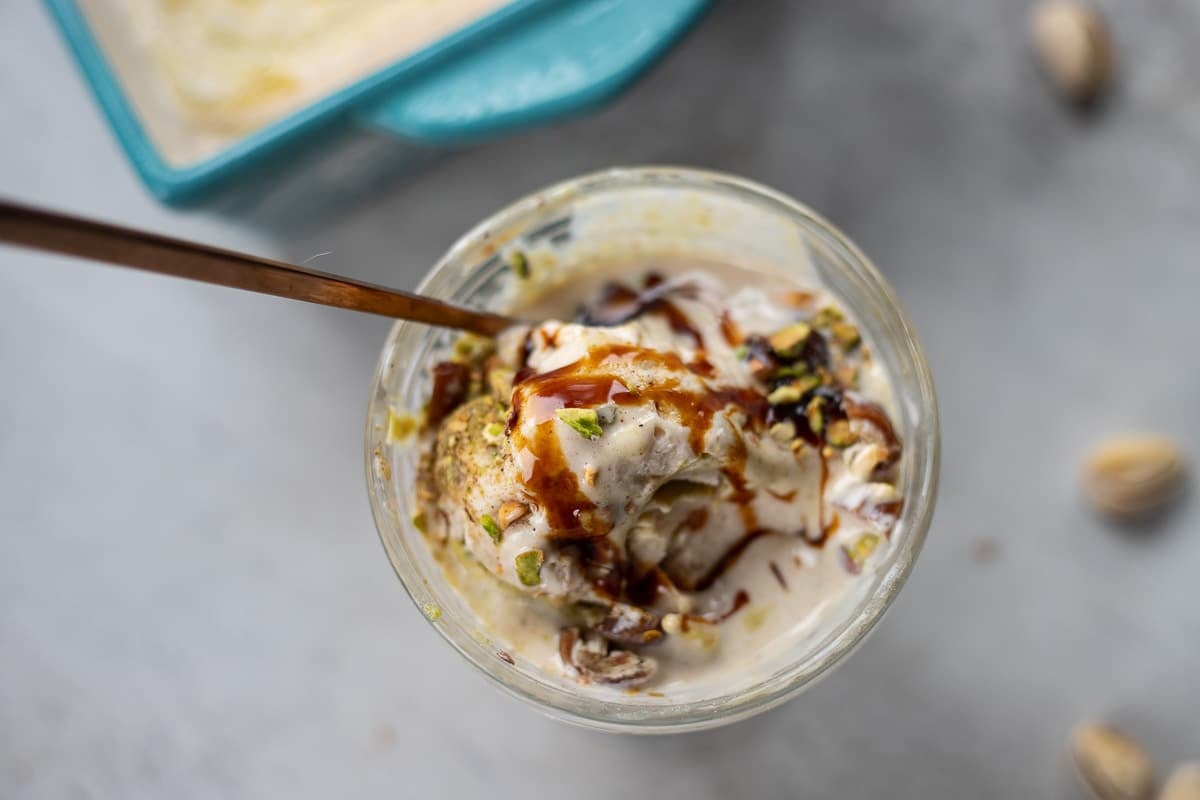 cottage cheese ice cream with dates and pistachios.
