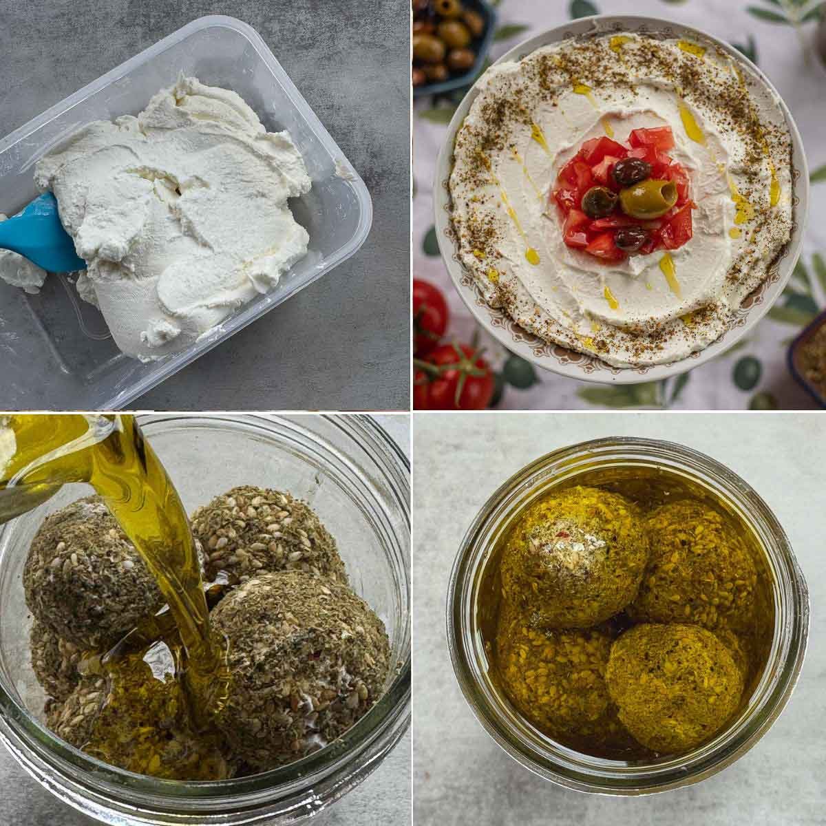 labneh in a container, in a plate topped with olives and tomatoes, and labneh balls in a jar of oil.