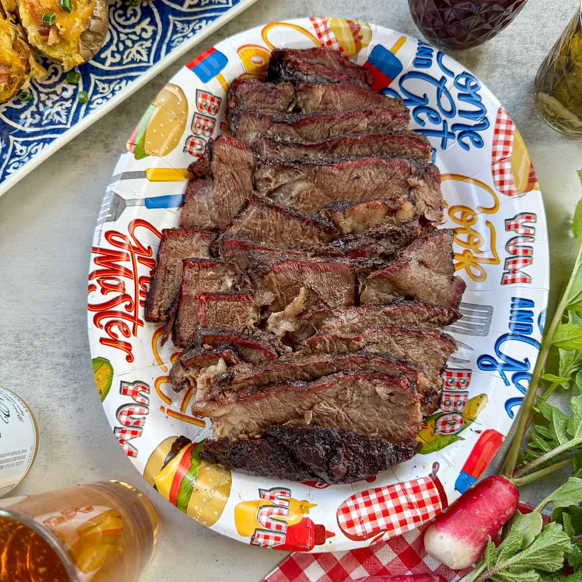 smoked beef roast sliced on a plate 