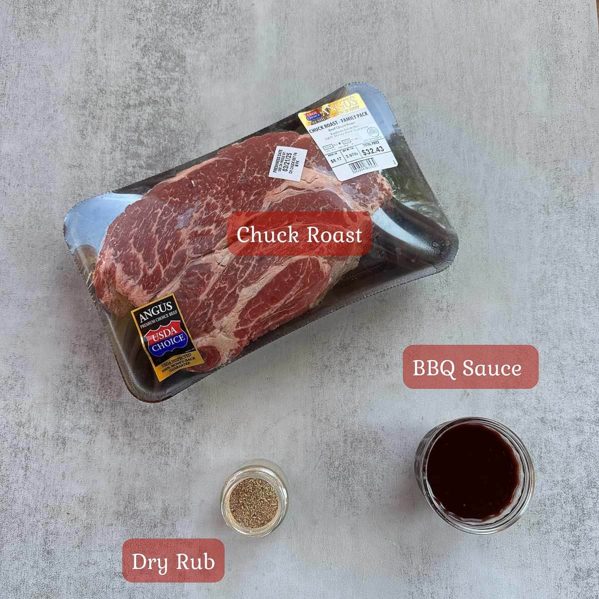 smoked chuck roast ingredients with bbq sauce and dry rub. 