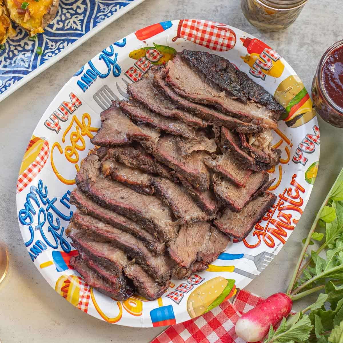 sliced smoked chuck roast with fixings.
