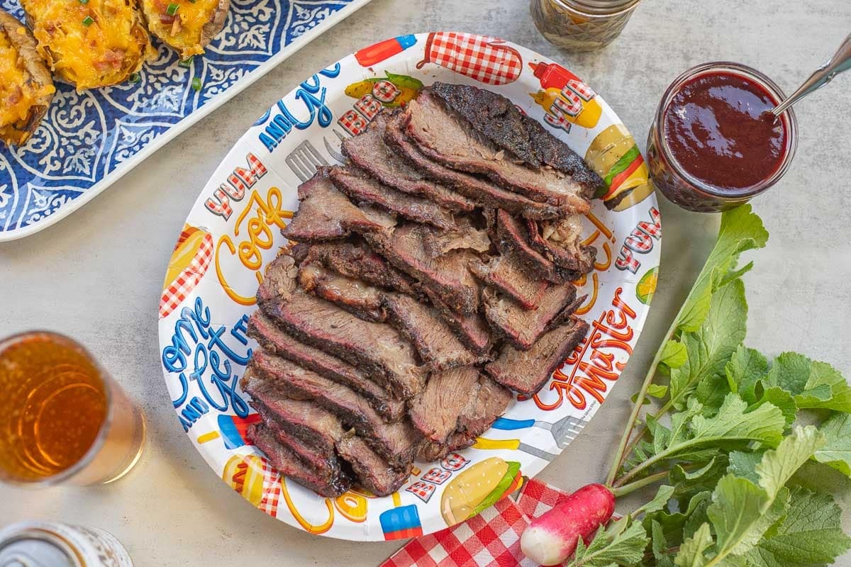 sliced smoked chuck roast with potatoes, beer, bbq sauce.