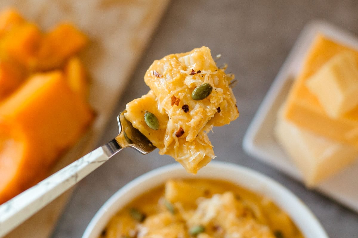 butternut squash mac and cheese on fork surrounded by squash, cheese blocks, bowl of pasta.