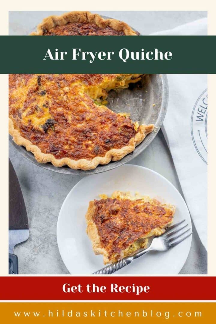 air fryer quiche with a piece removed.