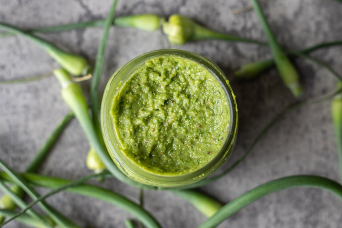 garlic scape pesto in a jar with more garlic scapes around it.
